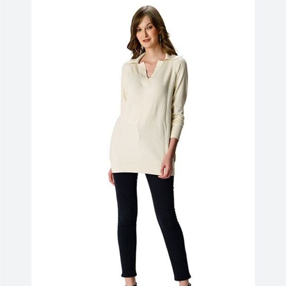 Poetry Tops - Poetry V-neck johnny collar popover tunic w front split hem accents in natural